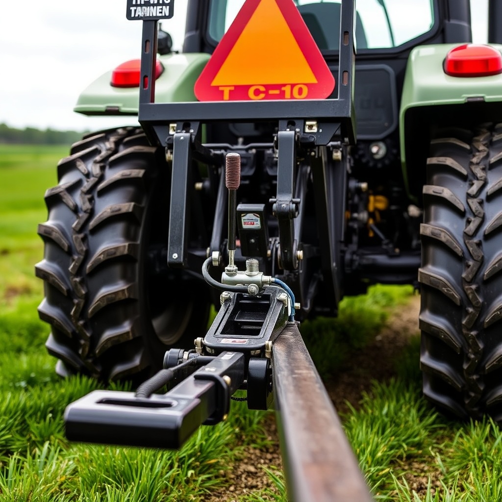 Low-angle shot of the TC-10 hitched to a tractor with the heavy-duty towing kit