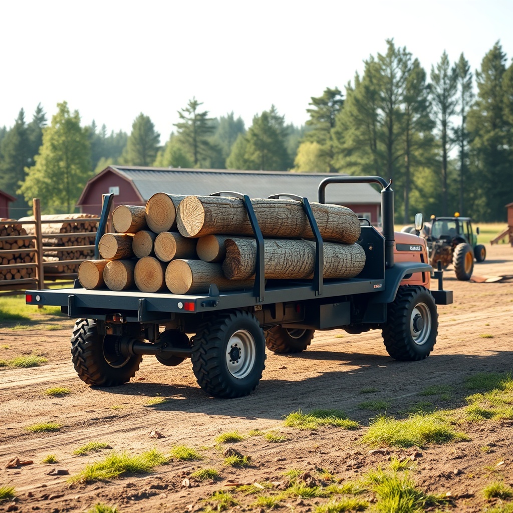 <clean photorealistic photo of a Fransgård TC-10 with an extended log deck holding six log