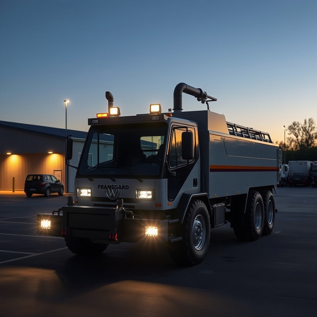 <clean photorealistic photo of a Fransgård TC-10 at dusk with three LED floodlights illumi