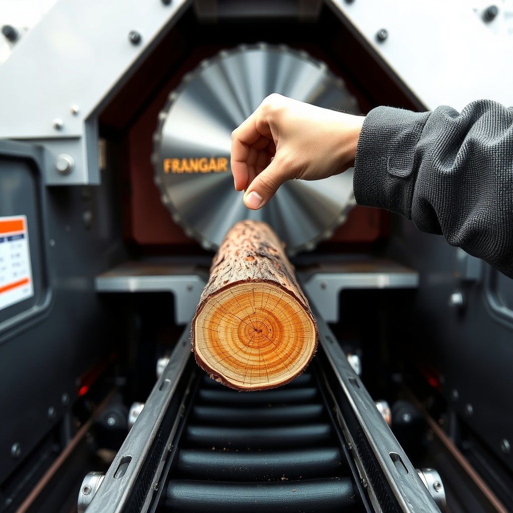 A photo from an operator's perspective showing a hand placing a small log into the V-troug