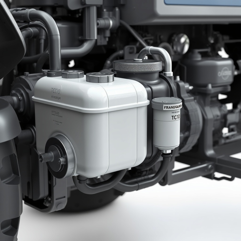 A clean photorealistic photo of the Fransgård TC-10's hydraulic pump and reservoir assembl
