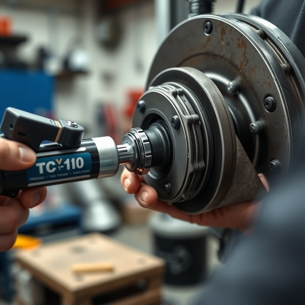 A close-up photorealistic photo of a person's hands greasing a driveline universal joint o