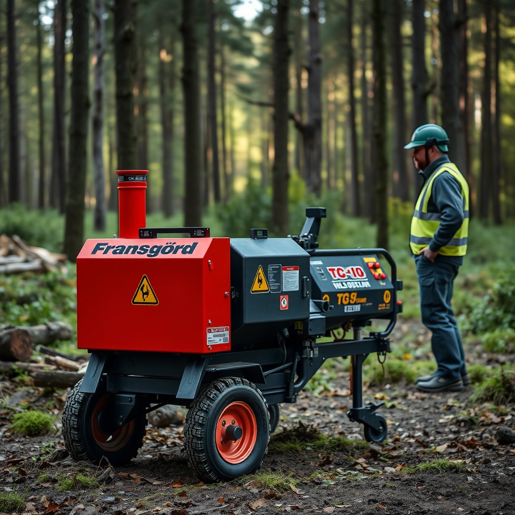 A photorealistic image of a Fransgård TC-10 firewood processor in a forest setting