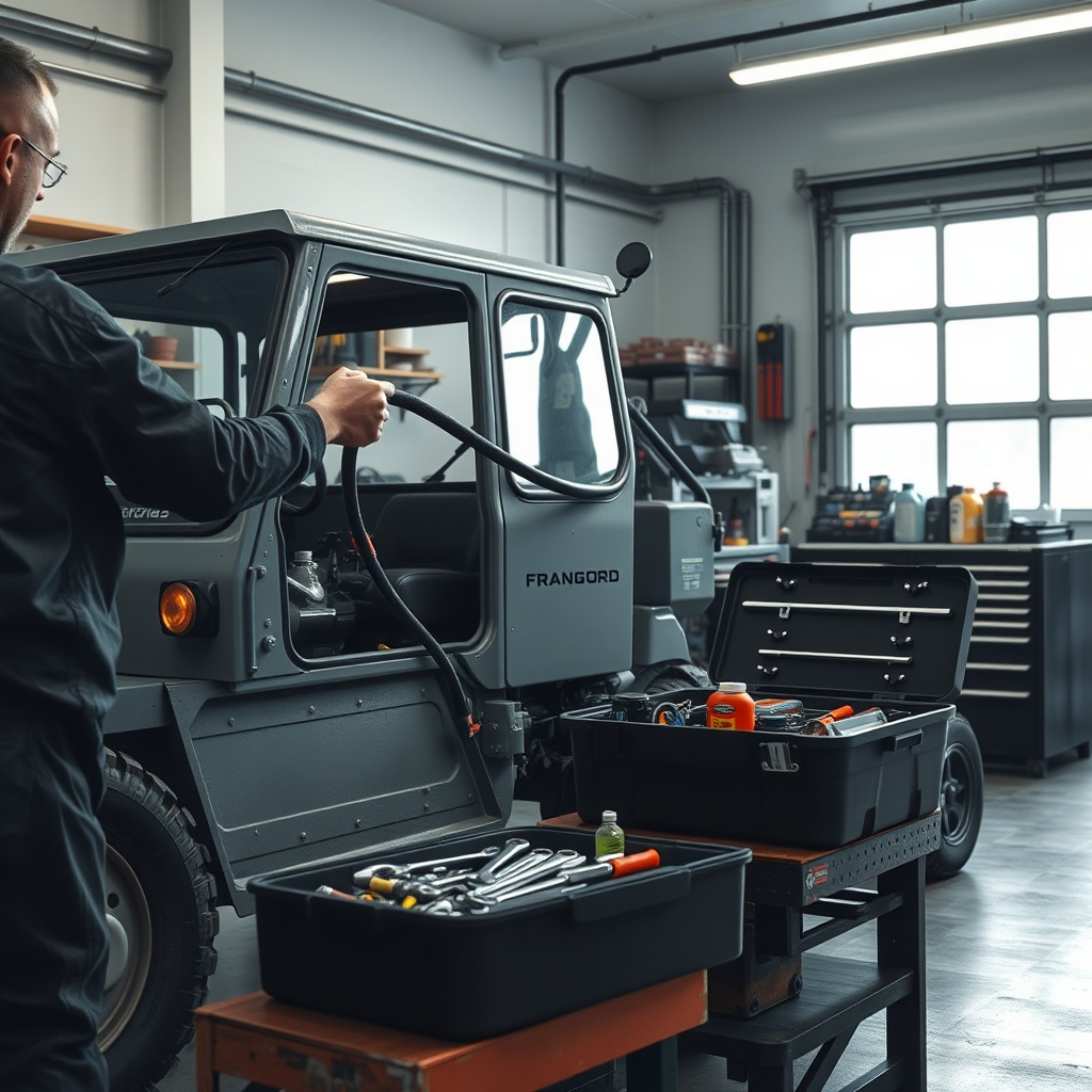 A photorealistic image of a Fransgård TC-10 in a garage workshop