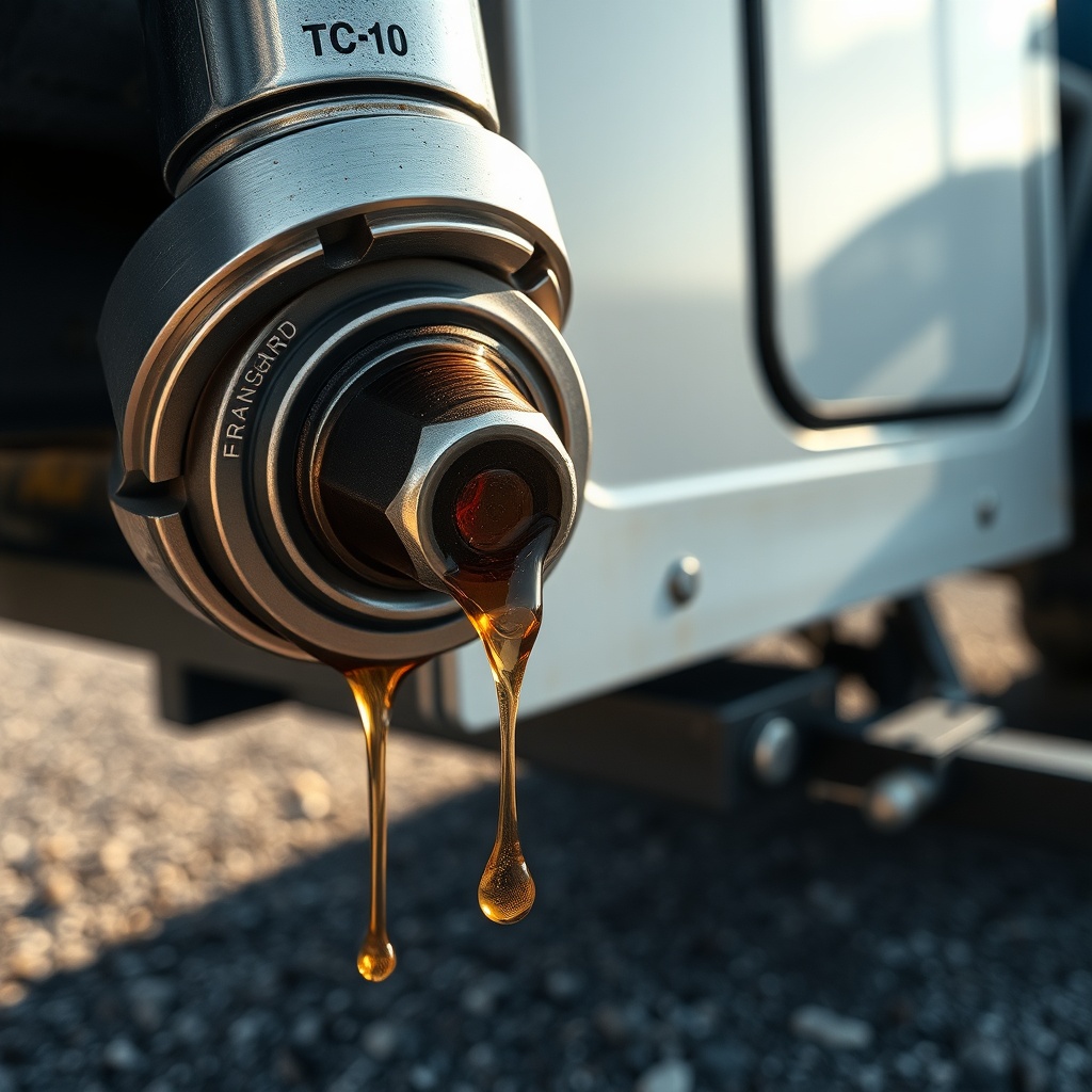 Close-up photorealistic shot of a Fransgård TC-10 hydraulic cylinder rod emerging from the