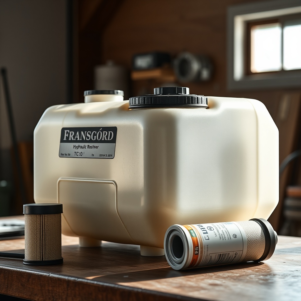 Photorealistic shot of a Fransgård TC-10 hydraulic reservoir tank with the return line fil