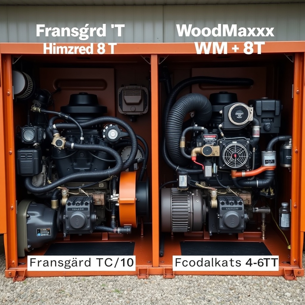 <A clean photorealistic photo comparing the engine bays and hydraulic pump assemblies of a