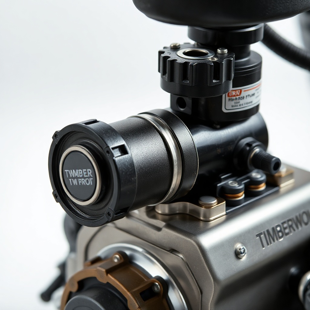 A photorealistic close-up photo of a Timberwolf TW-PRO hydraulic pump and reservoir