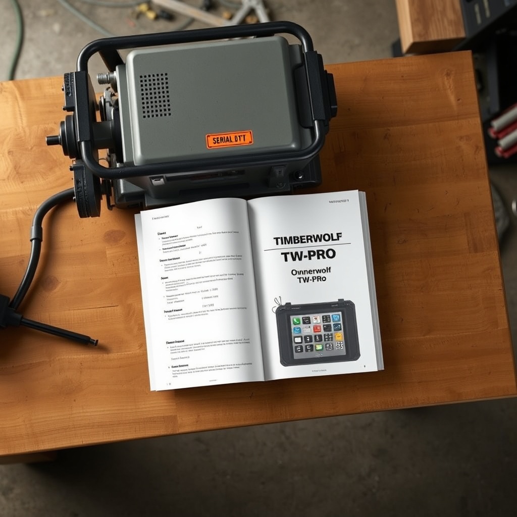 Photorealistic top-down view of a Timberwolf TW-PRO's owner's manual spread open on a wood