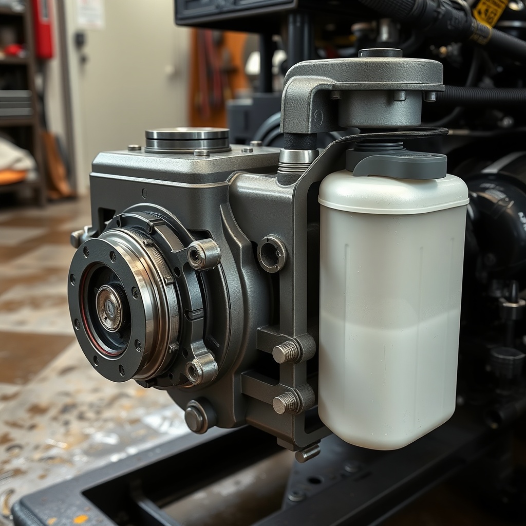 Photorealistic close-up of a Timberwolf TW-PRO hydraulic pump and reservoir