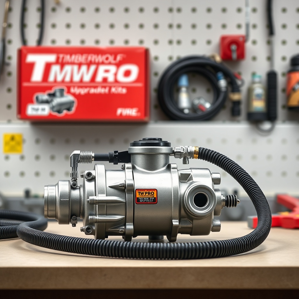 <A clean photorealistic photo of a Timberwolf TW-PRO hydraulic pump and hose assembly on a