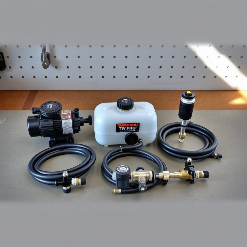 <clean photorealistic photo of Timberwolf TW-PRO hydraulics upgrade kit components laid ou