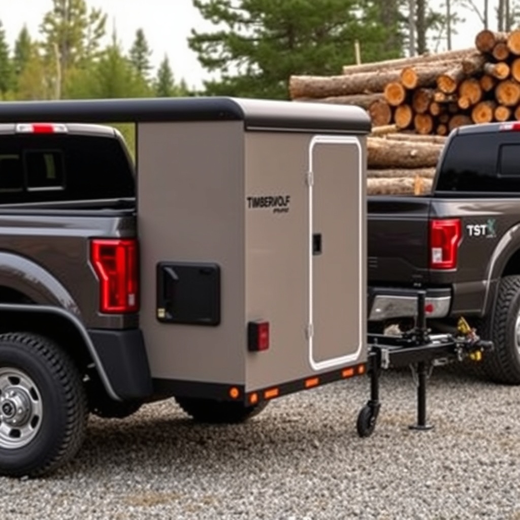 A Timberwolf TW-PRO hitched to a Ford F-250 parked on gravel beside a log pile