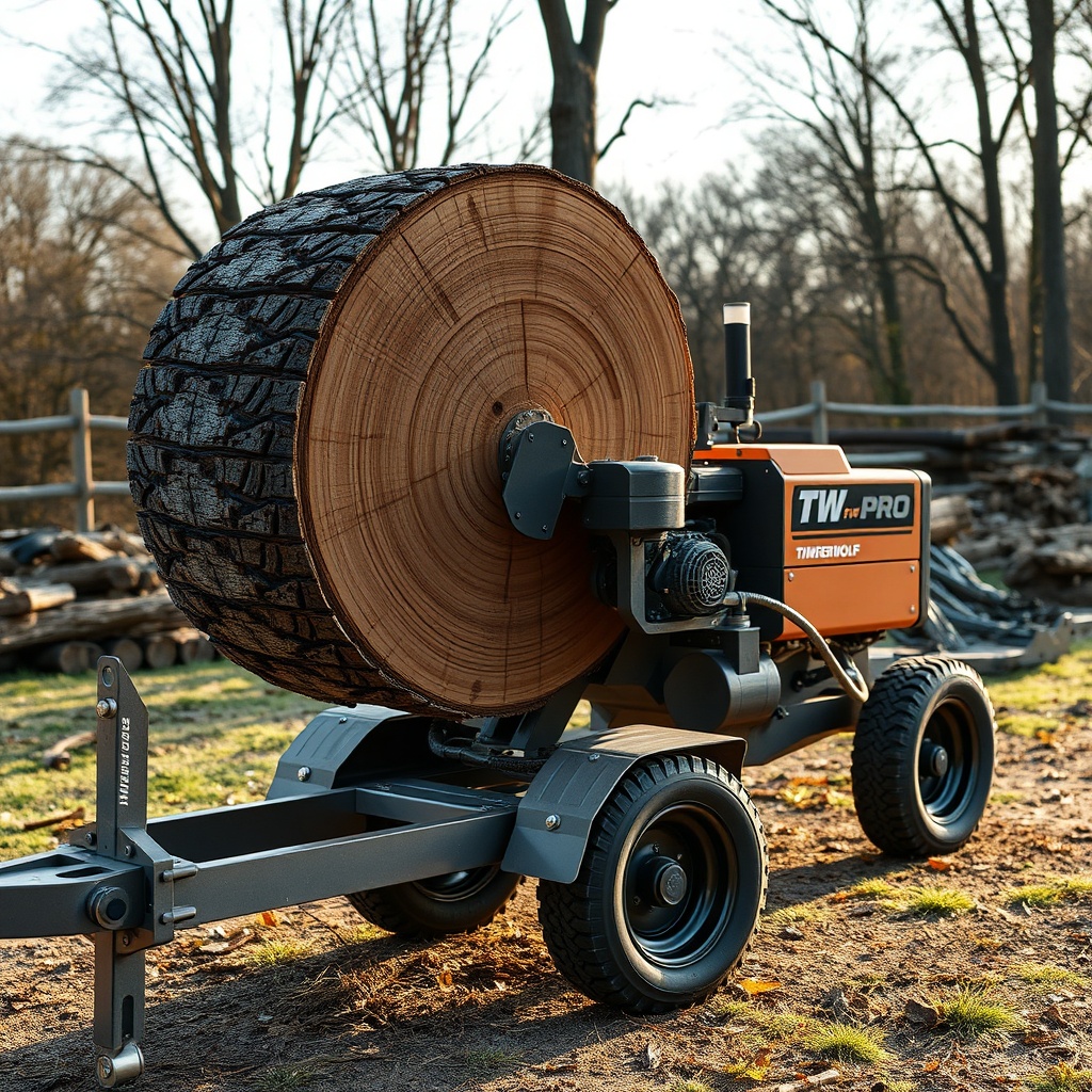 A clean photorealistic photo of the Timberwolf TW-PRO splitting a large oak round