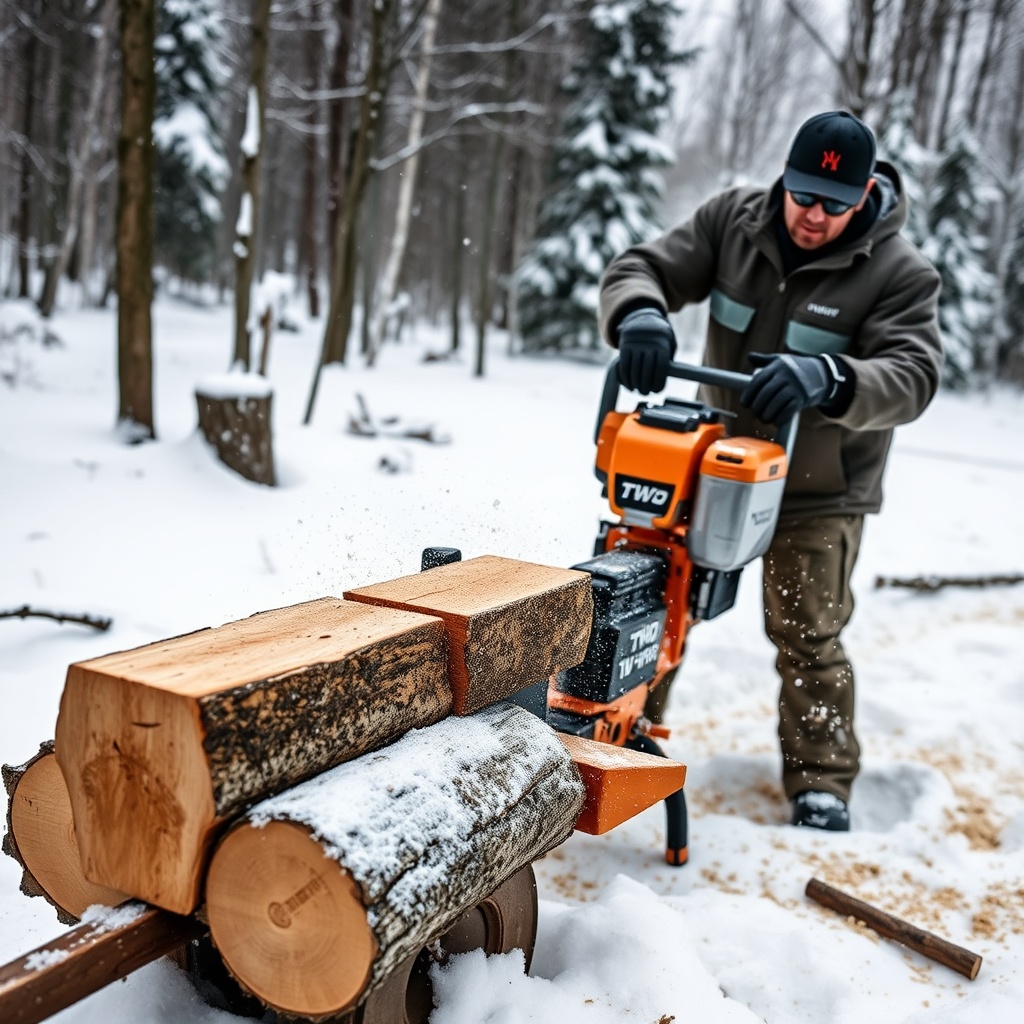A clean photorealistic photo of an operator using the Timberwolf TW-PRO in a winter scene