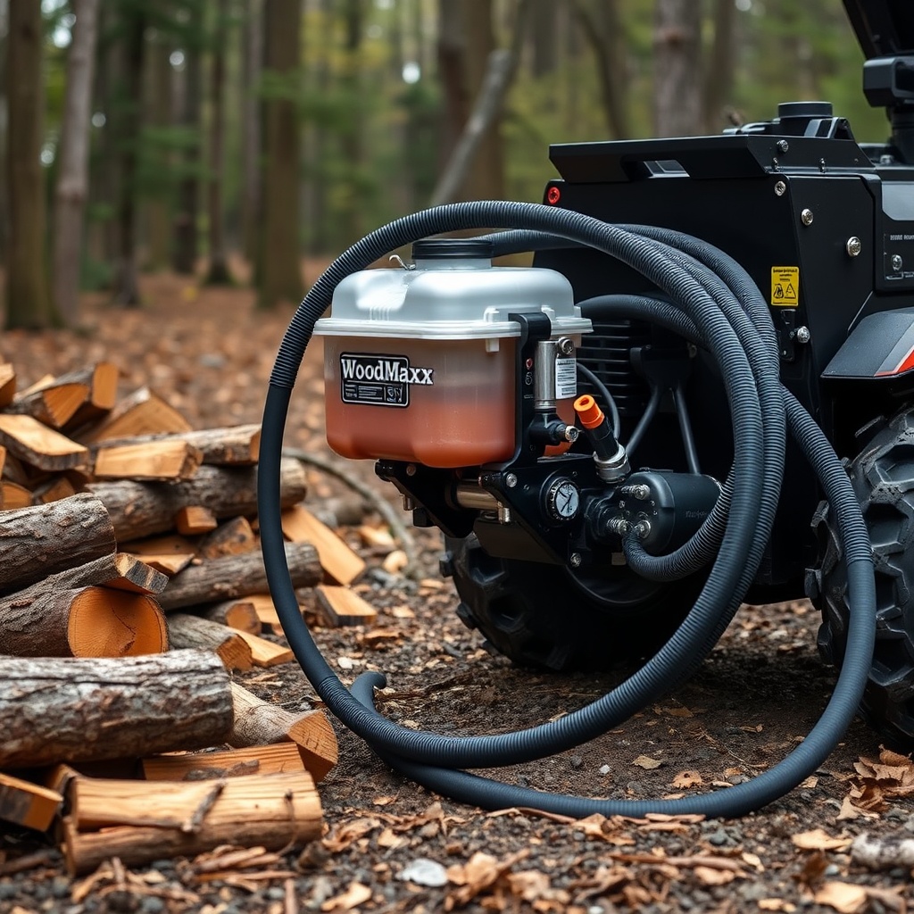 A photorealistic photo showing a WoodMaxx WM-8T with a visible aftermarket hydraulic reser