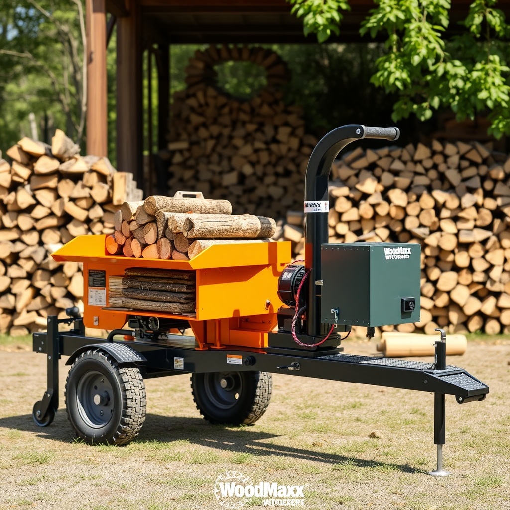 A photorealistic photo showing a WoodMaxx WM-8T fitted with a log deck and a conveyor syst