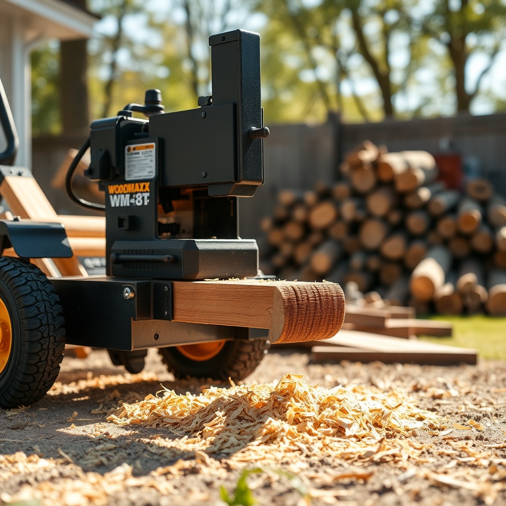 A close-up photorealistic shot of a WoodMaxx WM-8T in a sunny backyard