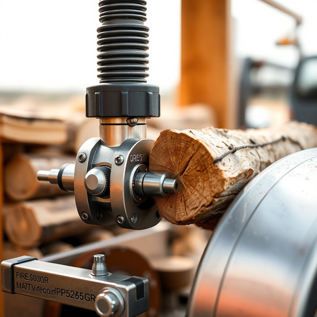 A photorealistic close-up of a hydraulic cylinder and wedge assembly on a firewood process