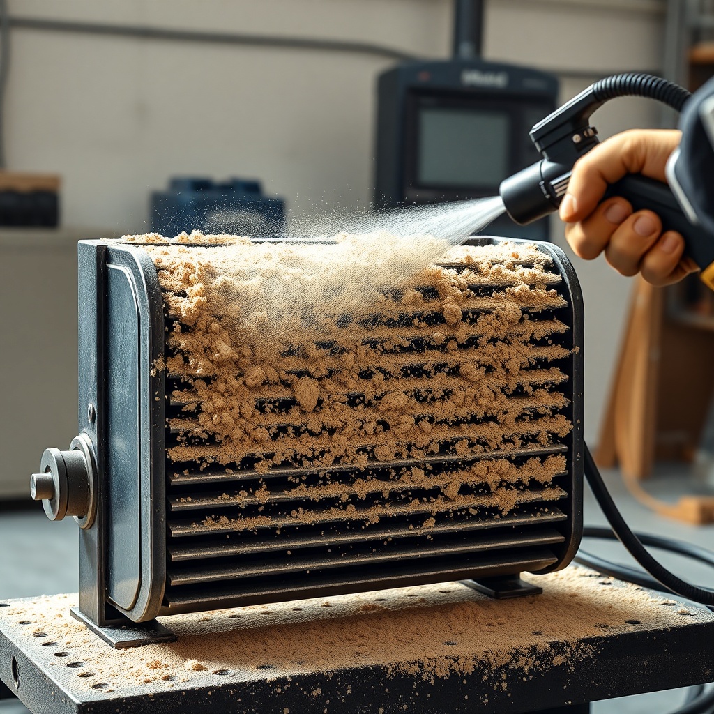A photorealistic image showing a hydraulic oil cooler partially covered with fine sawdust