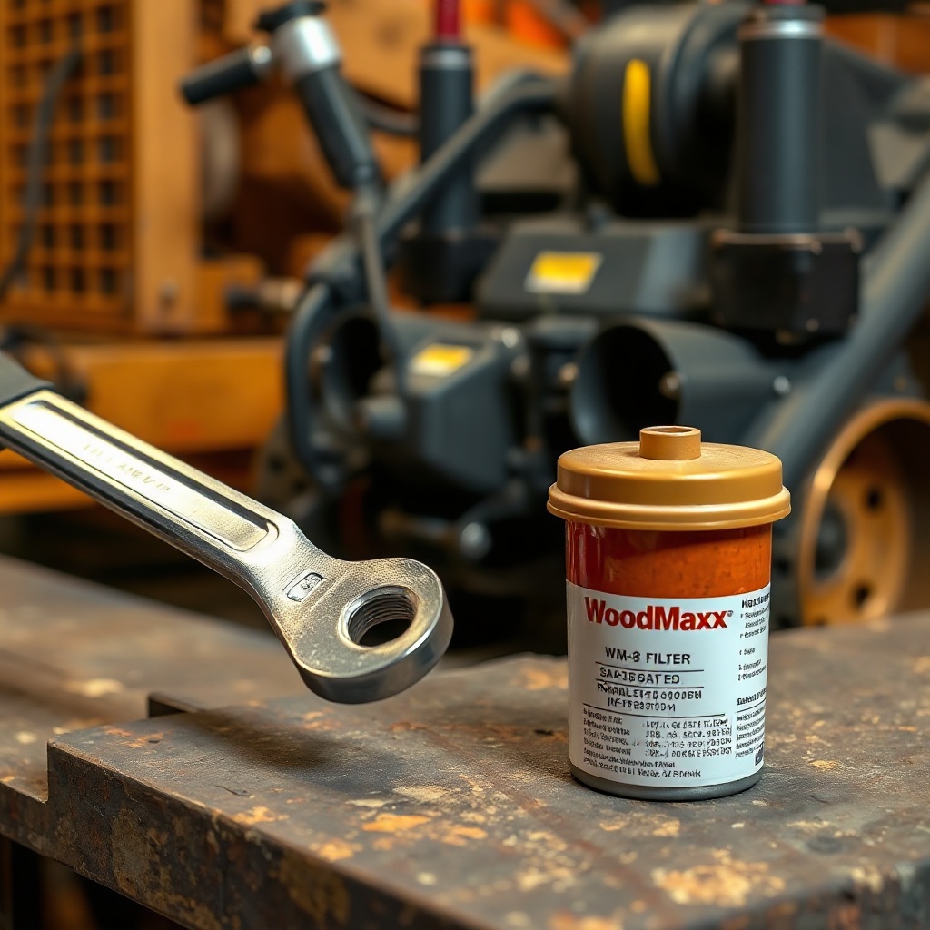 <clean photorealistic photo/illustration showing a hydraulic fluid filter replacement on t