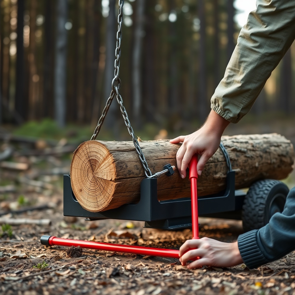 Close up photorealistic shot of a WoodMaxx WM-8T log lift with a safety red push stick res