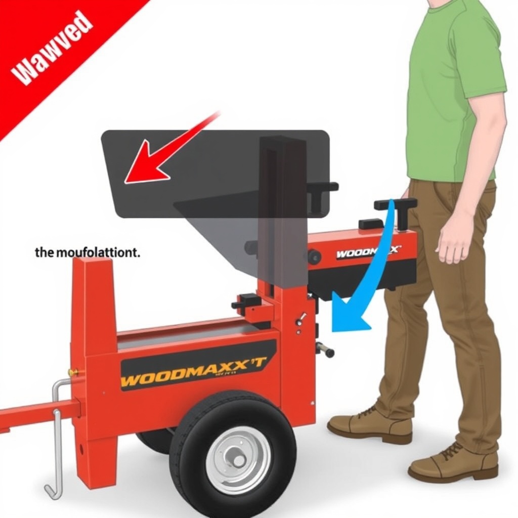 Illustration showing a person standing to the side of a WoodMaxx WM-8T splitter with a saf