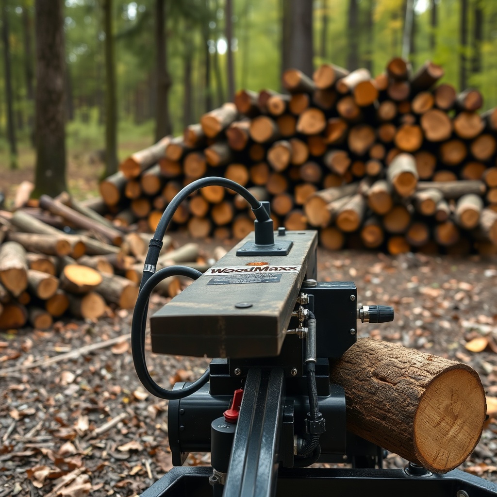 A clean photorealistic photo of a WoodMaxx WM-8T in a wooded area with a split log pile