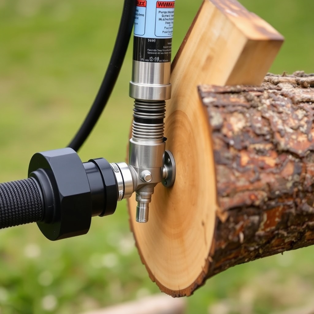 A clean photorealistic photo of a WoodMaxx WM-8T hydraulic cylinder and hoses close-up