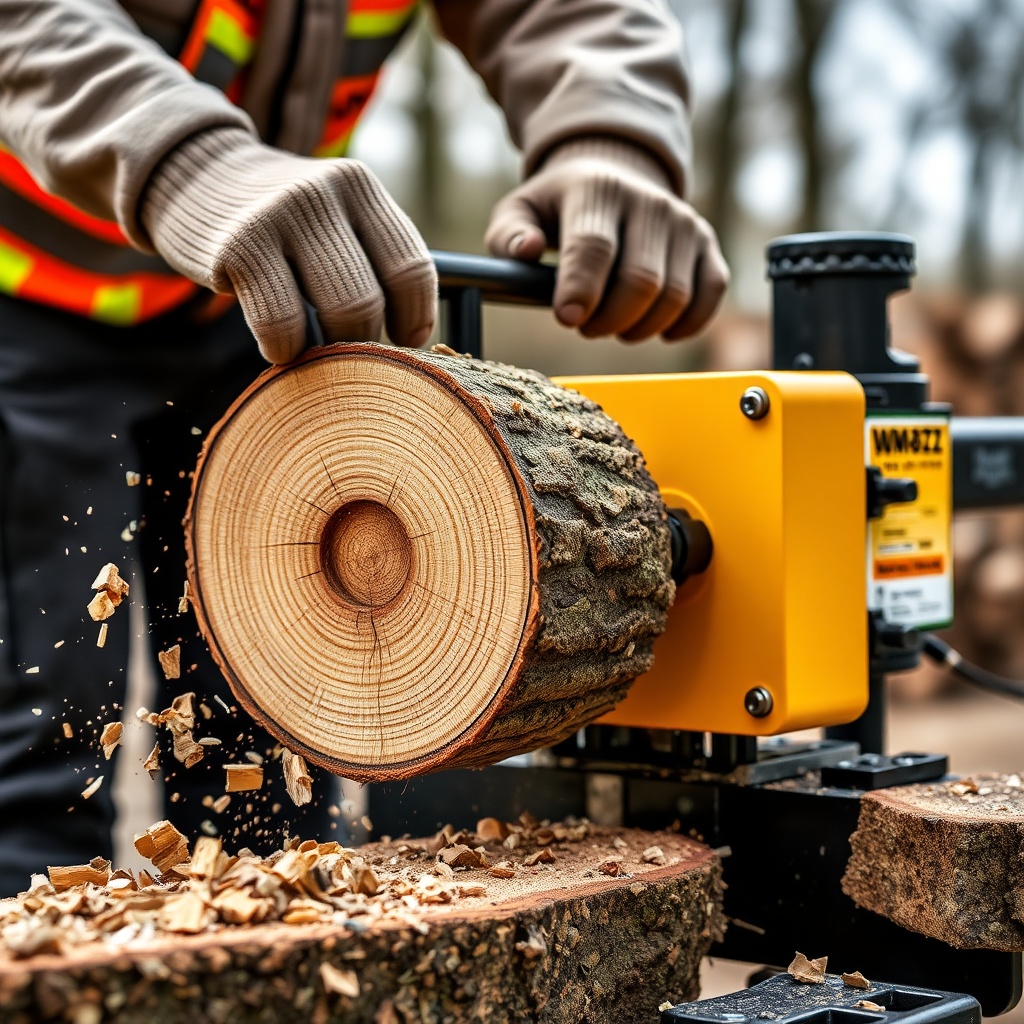 Hands-on shot of a WoodMaxx WM-8T splitting a round of oak with wood chips scattering