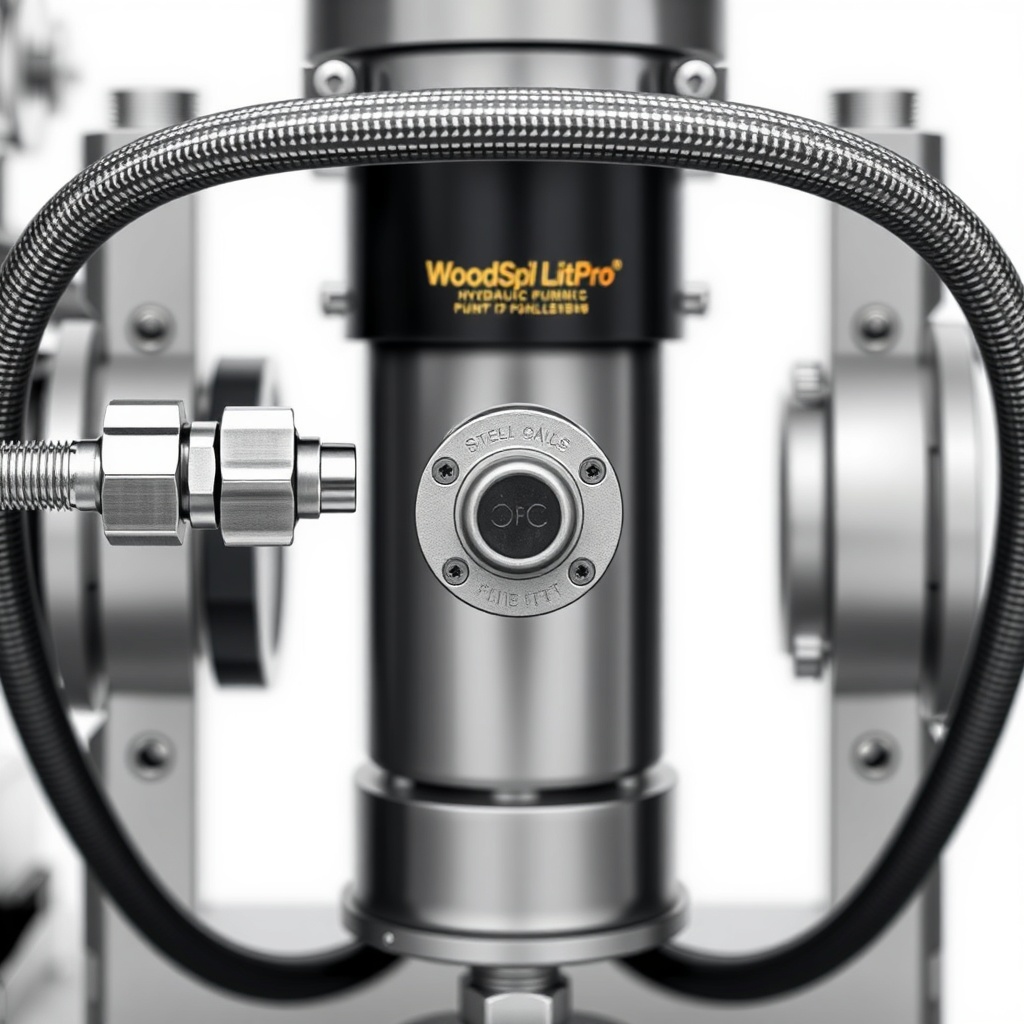 <clean photorealistic photo/illustration of a WoodSplitPro hydraulic pump assembly with st