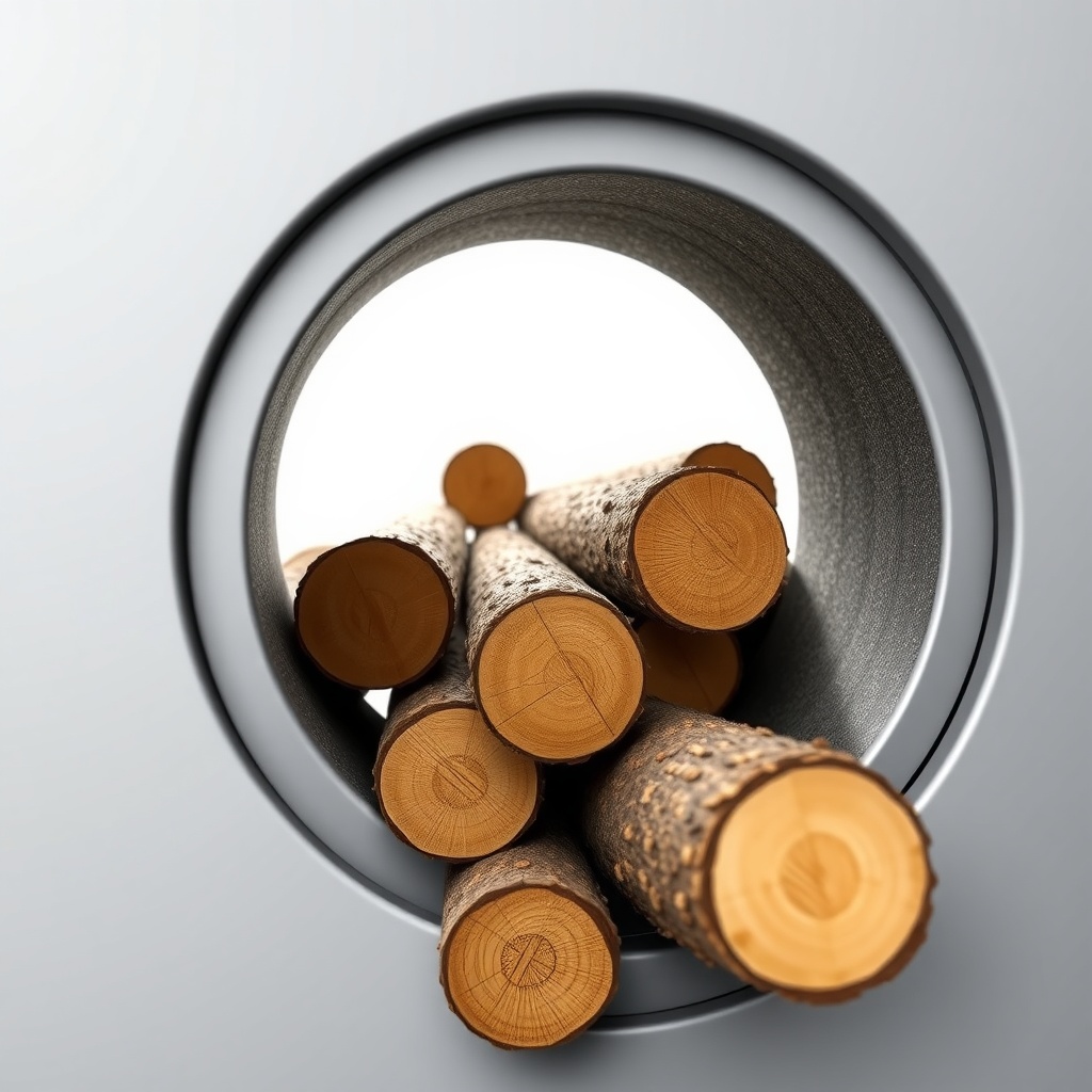 <clean photorealistic photo/illustration of logs of varying diameters being fed into a Woo