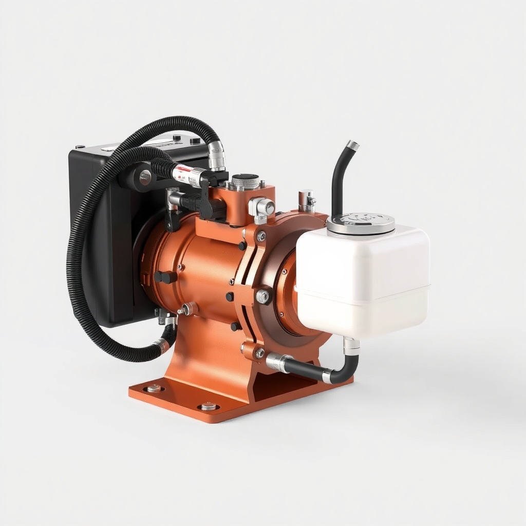 Clean photorealistic photo illustration of a WoodSplitPro hydraulic pump assembly with hos