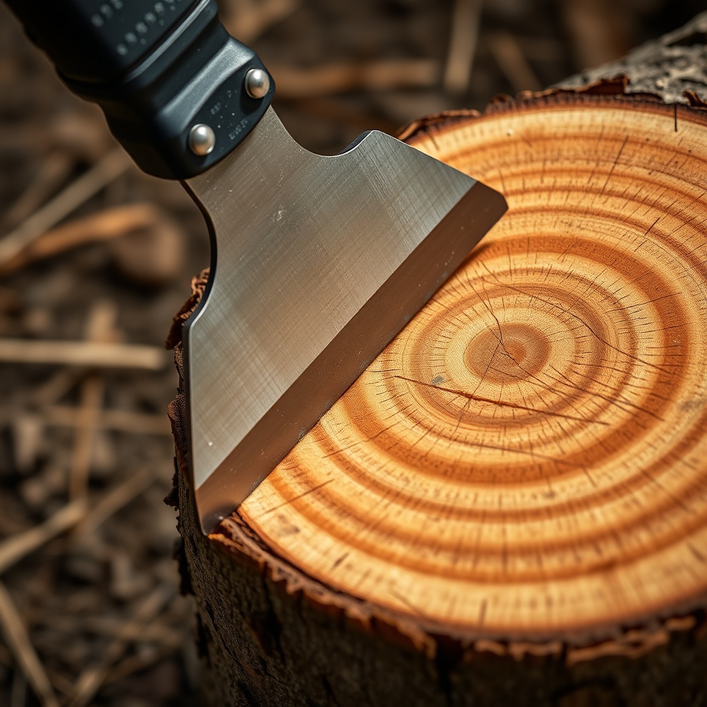 Clean photorealistic photo illustration of a WoodSplitPro wedge splitting a hardwood log