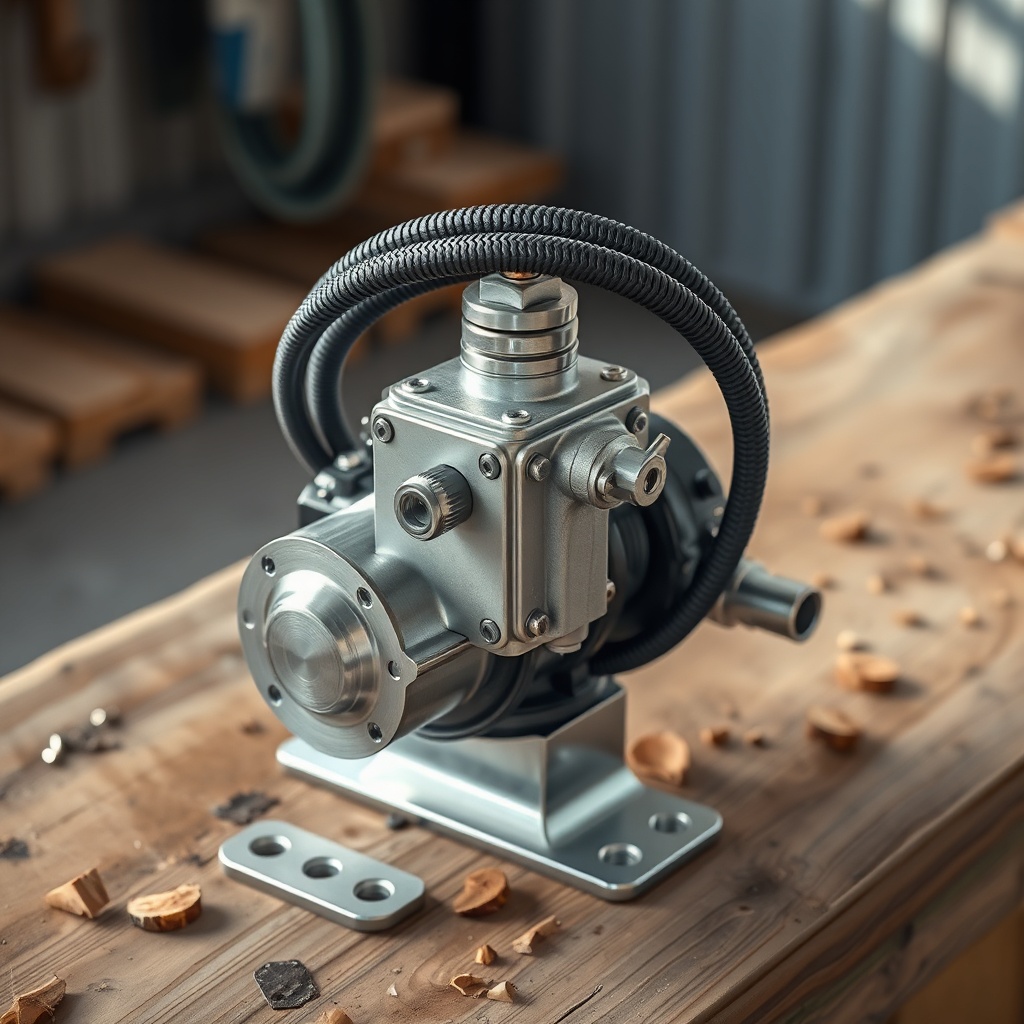 A clean photorealistic photo of the hydraulic pump assembly with braided hoses and aluminu