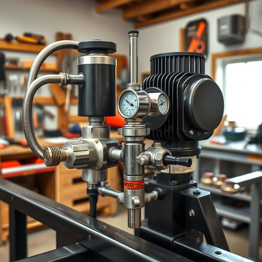 <A clean photorealistic photo showing a WoodSplitPro hydraulic pump and valve assembly mou