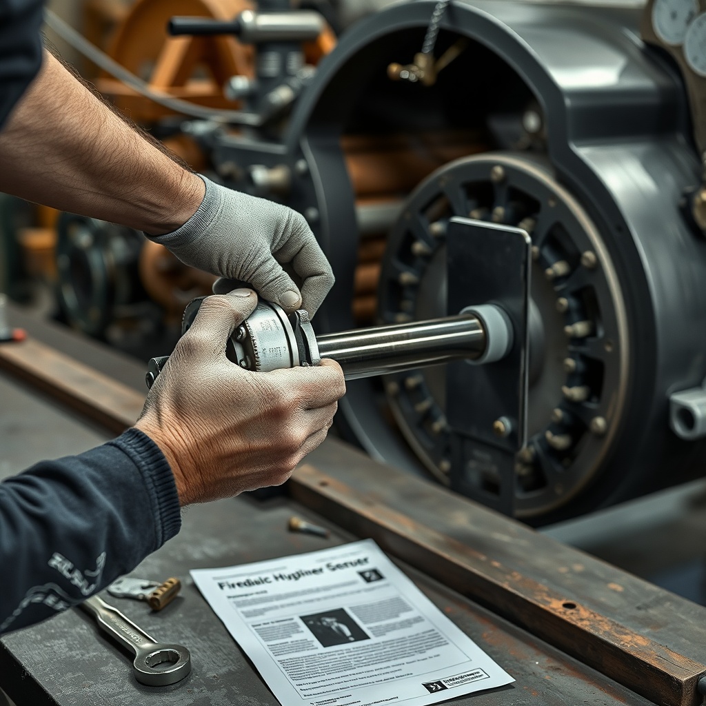 <A photorealistic image showing a mechanic's hands positioning a new hydraulic cylinder on