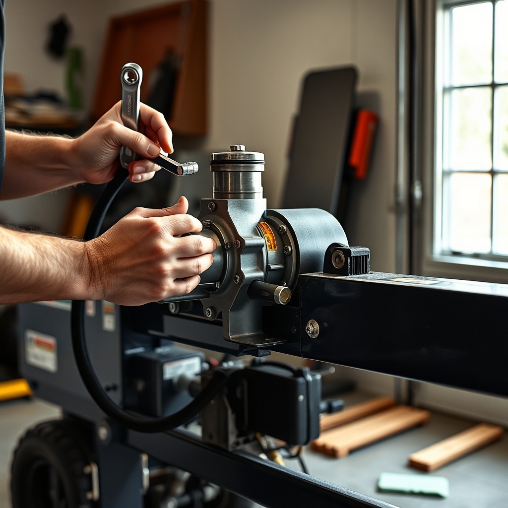 <A photorealistic photo showing a mechanic’s hands installing a two-stage hydraulic pump o