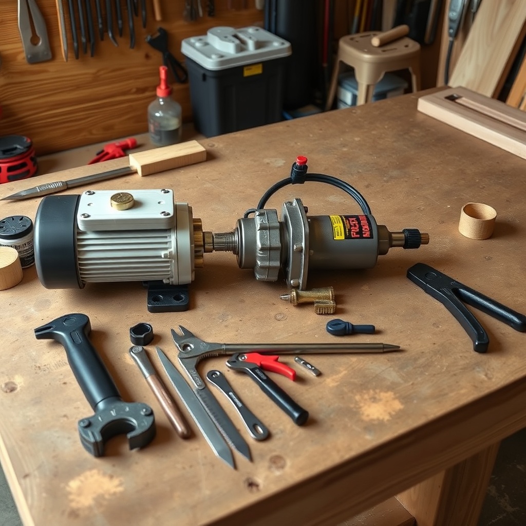 <clean photorealistic photo of a WoodSplitPro hydraulic pump and cylinder kit laid out on