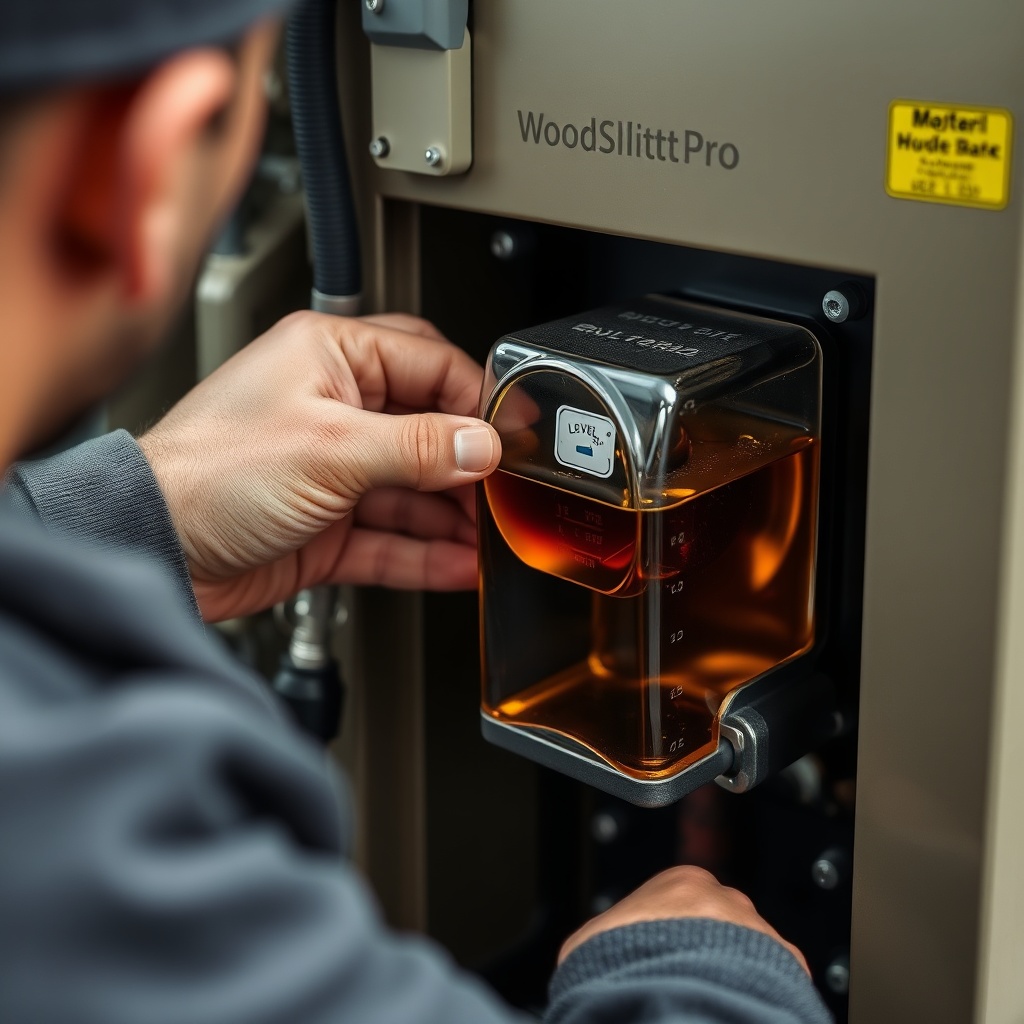 Clean photorealistic photo of a technician checking hydraulic oil level on a WoodSplitPro