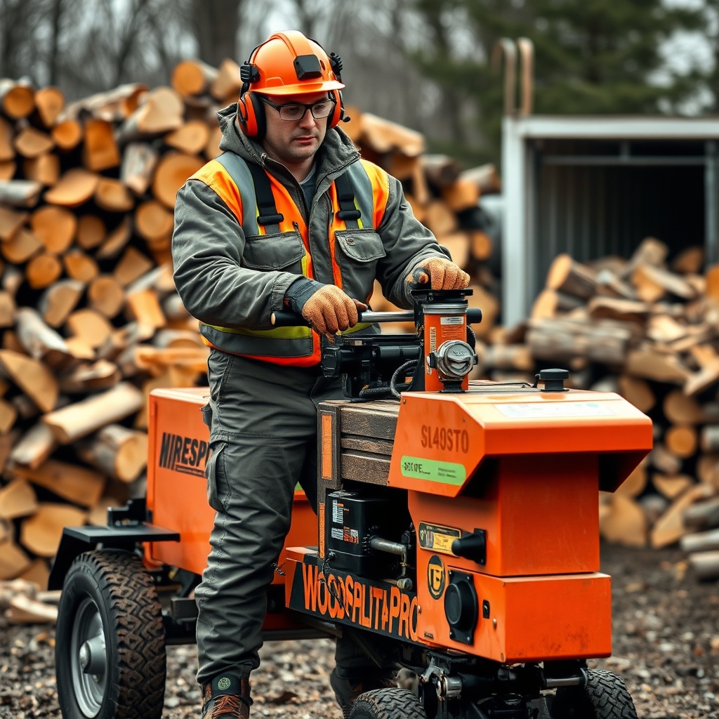 <A clean photorealistic photo of an operator in full PPE working with a WoodSplitPro firew