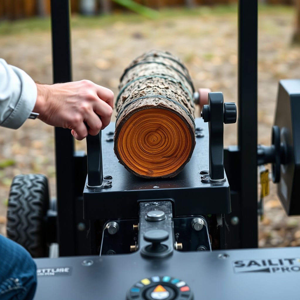 <A clean photorealistic photo of a WoodSplitPro in operation