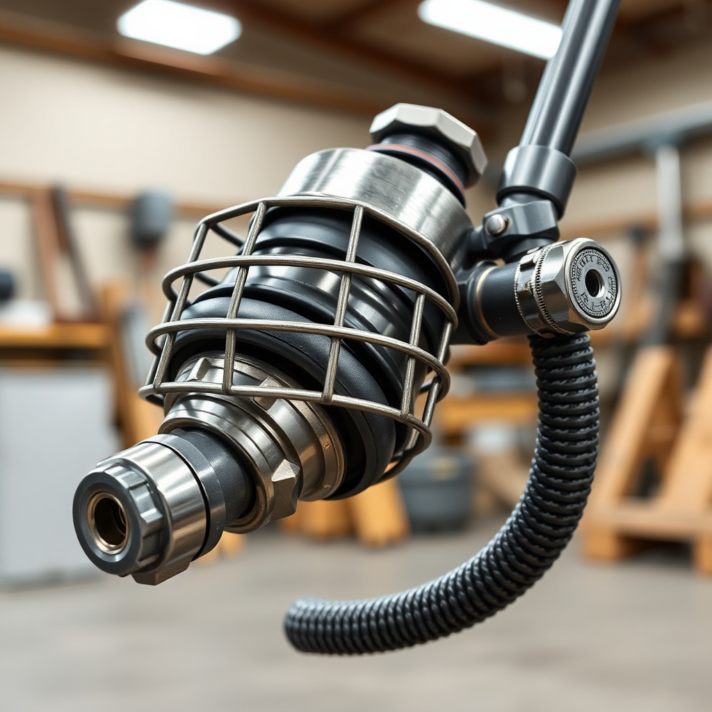 <clean photorealistic photo/illustration of a WoodSplitPro hydraulic cylinder and hose ass