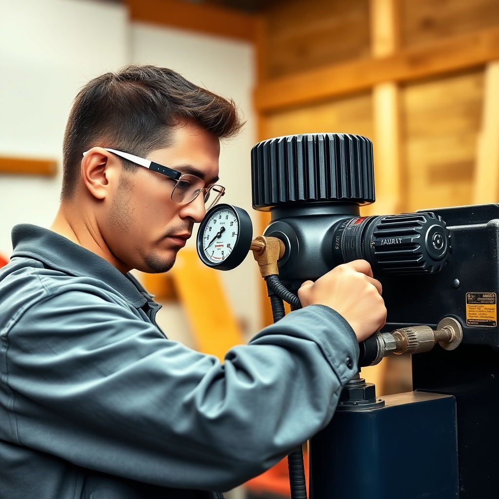 <A photorealistic image of a mechanic attaching a pressure gauge to the hydraulic pump on