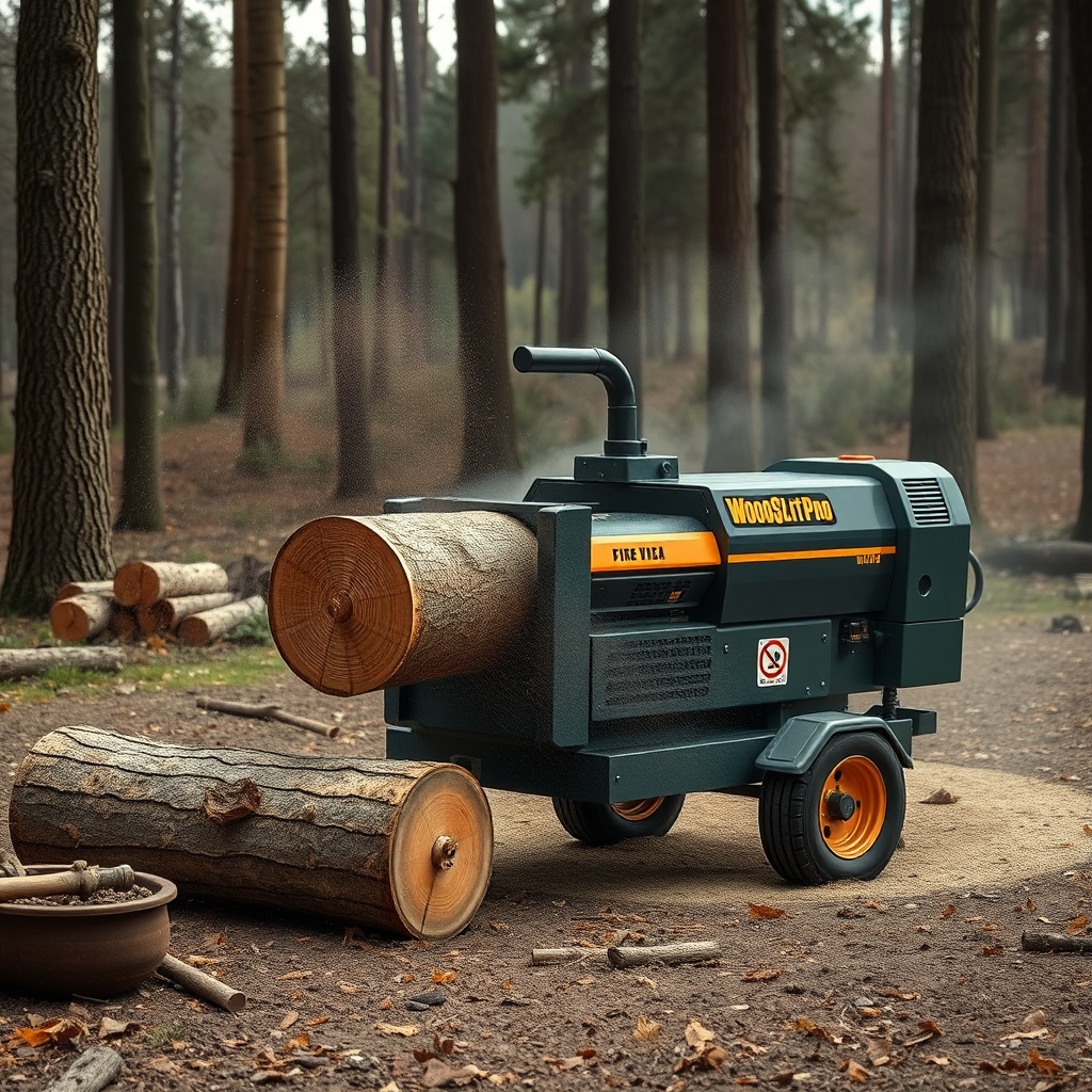 <clean photorealistic photo/illustration of a WoodSplitPro firewood processor splitting a
