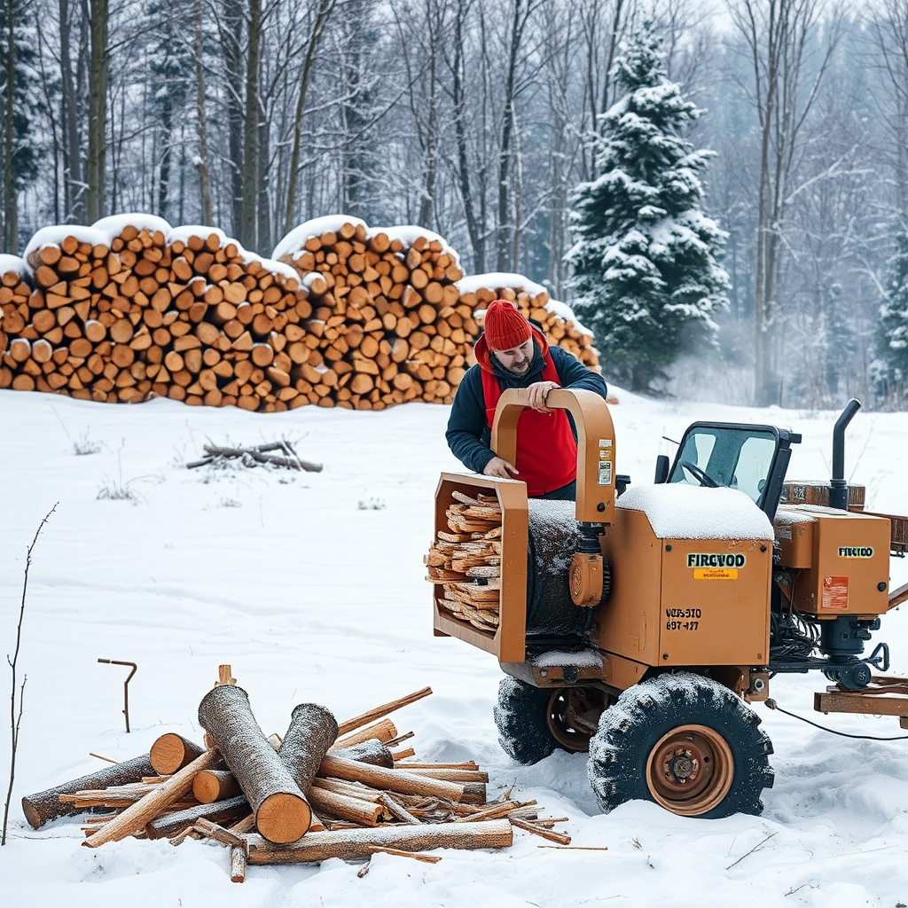 <clean photorealistic photo/illustration of a firewood processor working in a snowy winter