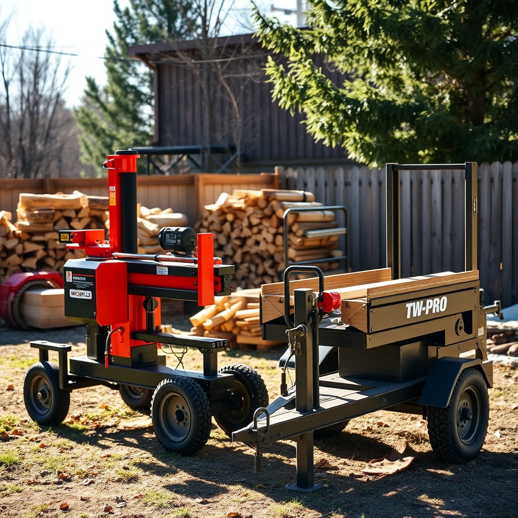 Two firewood processors side by side in a sunny outdoor yard