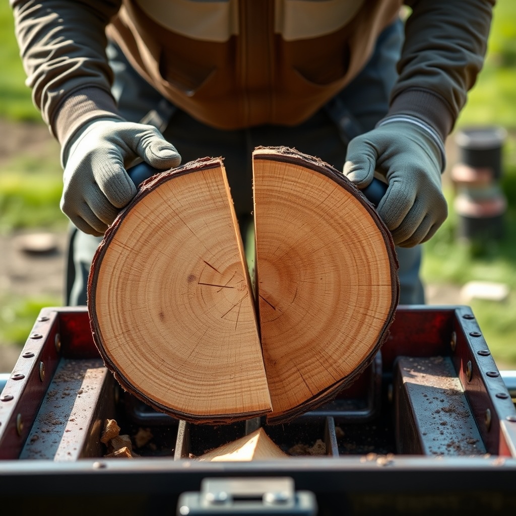 A close-up shot of a WoodSplitPro 4000 operator splitting a large oak round at waist heigh