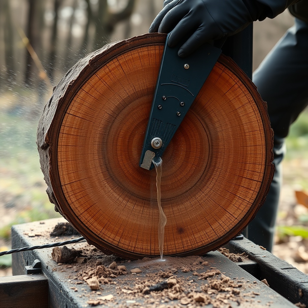 split-second view of a WoodSplitPro splitting a large hardwood round mid-cycle with hydrau