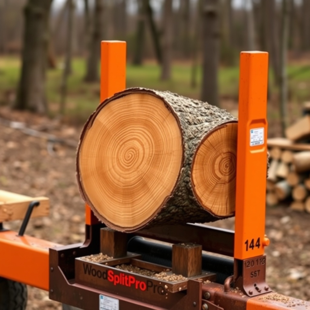 A clean photorealistic photo of a WoodSplitPro firewood processor splitting a large oak lo